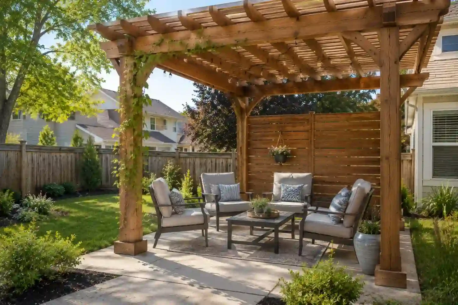 Backyard retreat featuring a cedar pergola with outdoor seating, string lights, light climbing vines, and a private seating area in a suburban backyard.