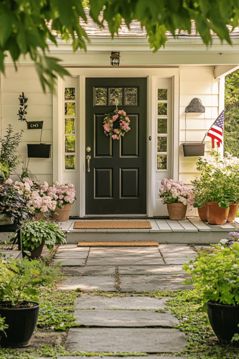 Welcoming door with floral decorations.