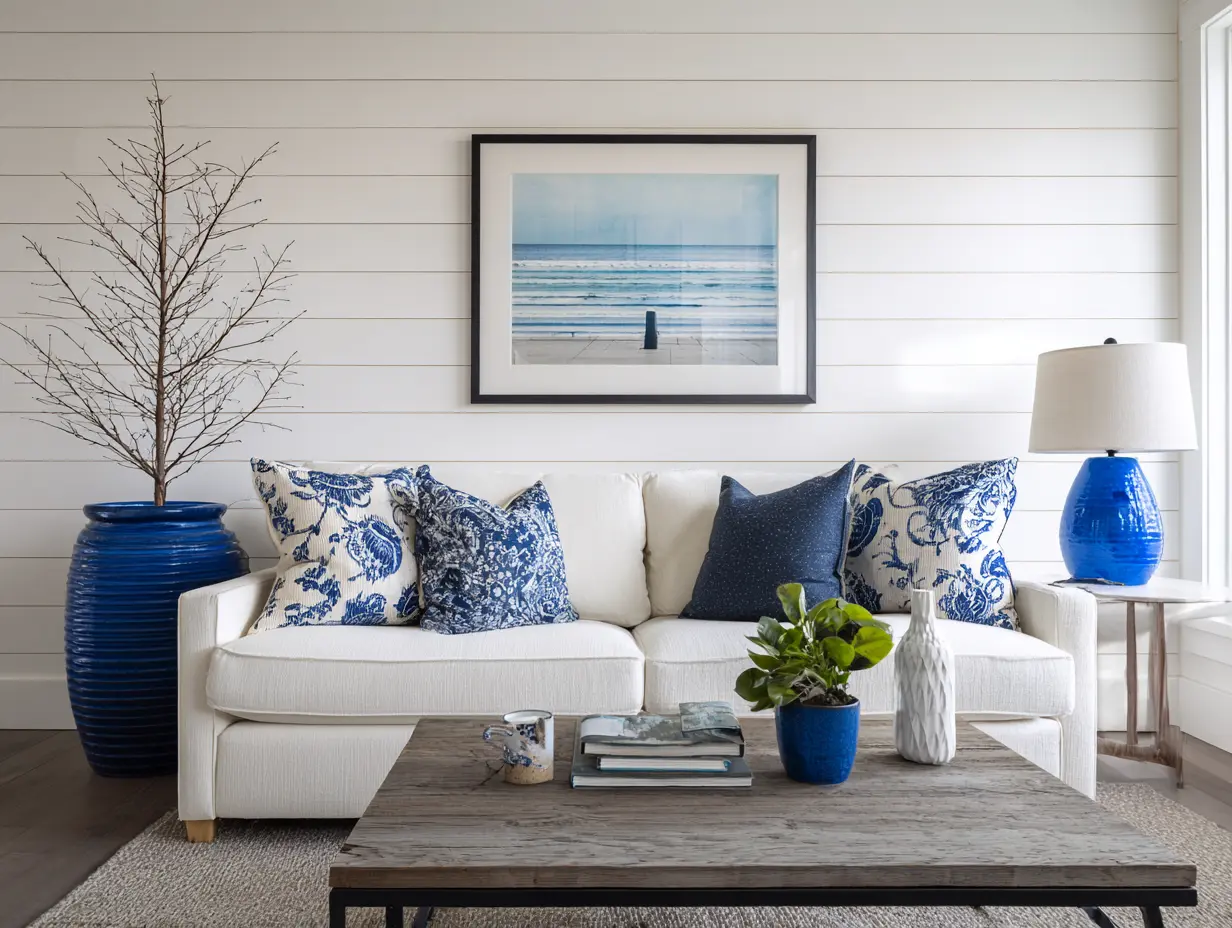 Double wide mobile home living room wall refreshed with clean white paint and peel-and-stick faux shiplap panels, bright and modern makeover style.