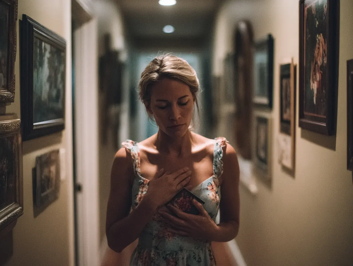 A woman holding an old photo, standing alone in a hallway filled with framed memories.
