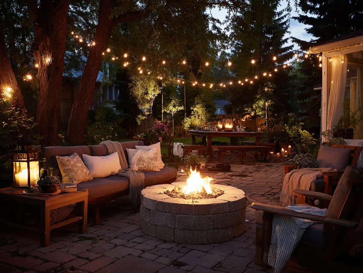 Backyard patio at night with fire pit glowing, string lights overhead, solar lanterns on the ground, and uplighting on surrounding trees.