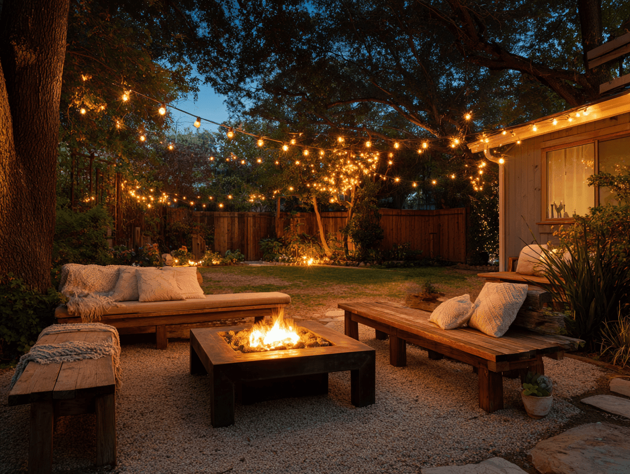 Backyard retreat ideas with cozy chairs, string lights overhead, and soft evening lighting — simple, serene, and deeply inviting