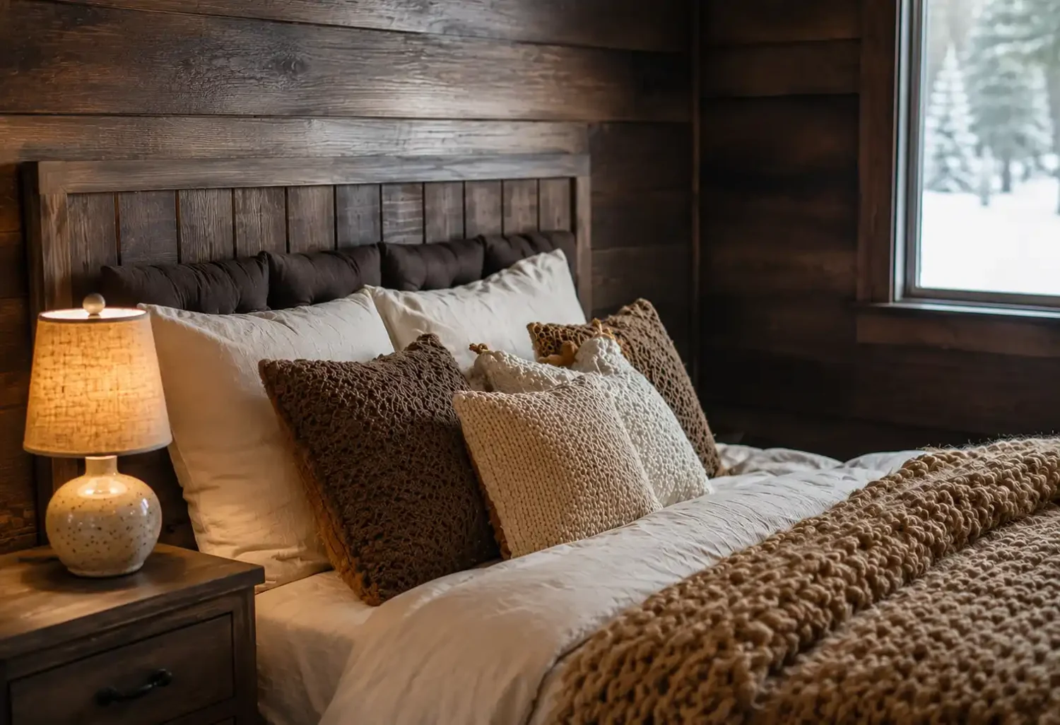 Brown toned cozy bedroom with rich chocolate accent wall, cream bedding, layered brown throw pillows, warm pendant lighting, wooden bed frame, textured woven rug, inviting coffee shop energy.