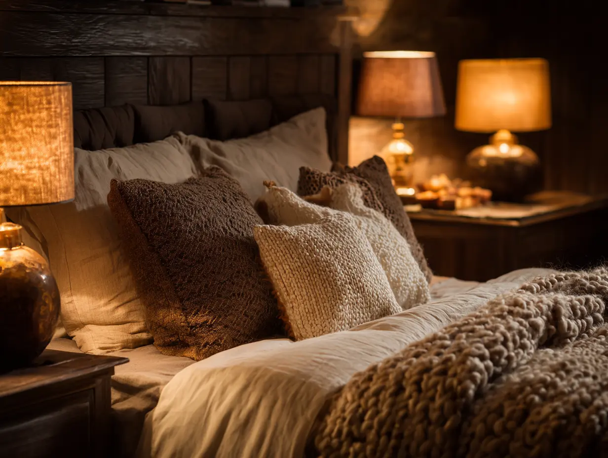 Brown toned cozy bedroom with rich chocolate accent wall, cream bedding, layered brown throw pillows, warm pendant lighting, wooden bed frame, textured woven rug, inviting coffee shop energy.