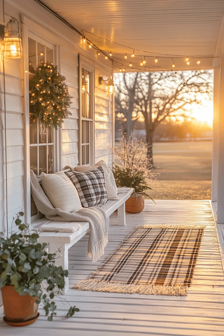 Cozy porch vibe on a budget with warm string lights — tap to save this front porch decor idea for later!
