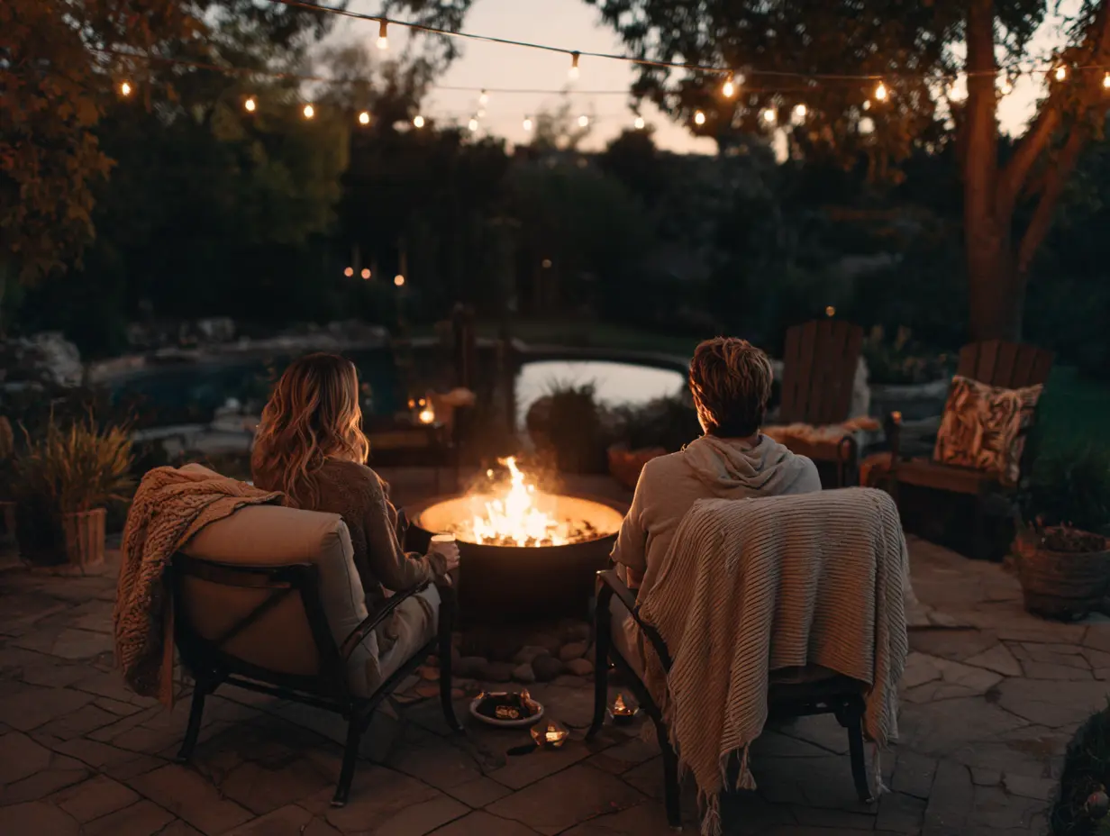 Backyard fire pit setup with cozy chairs, glowing flames, string lights above, and a couple enjoying snacks by the fire, styled for cozy outdoor ambiance.