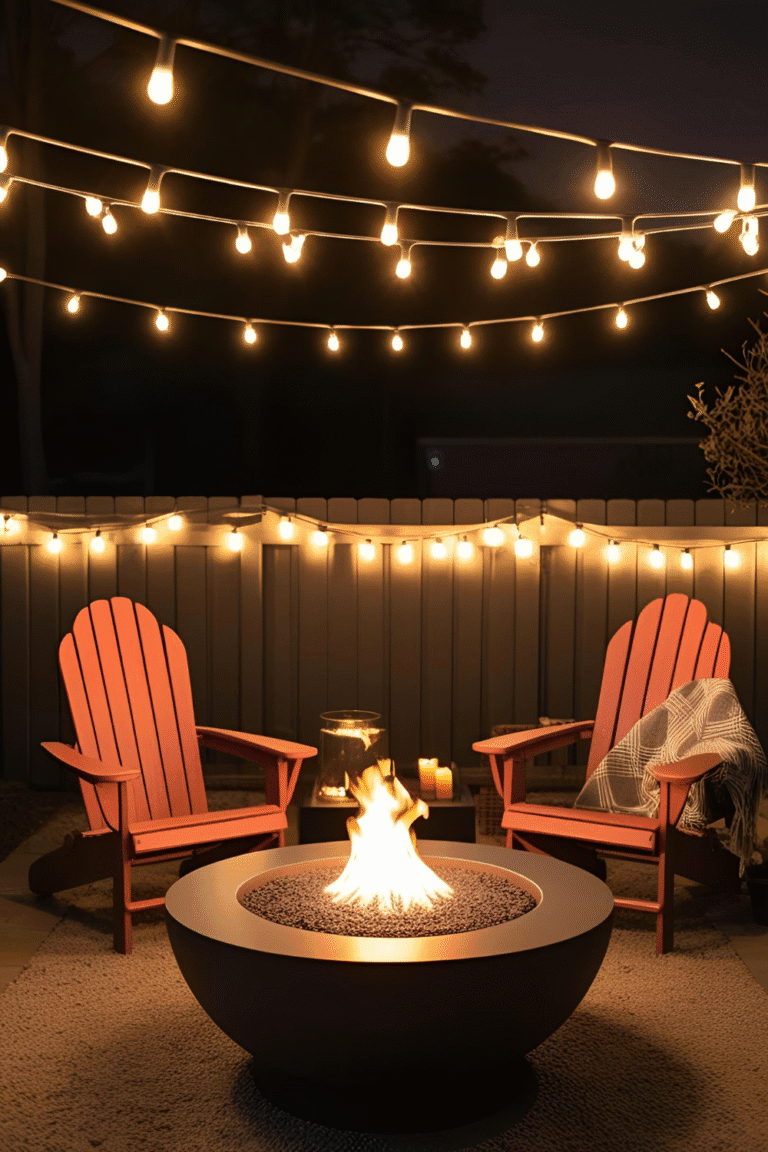 Fire Pit Friday vibes in a cozy backyard setup – string lights, warm fire pit glow, and comfy seating for the perfect weekend retreat. Pin this outdoor idea for later!