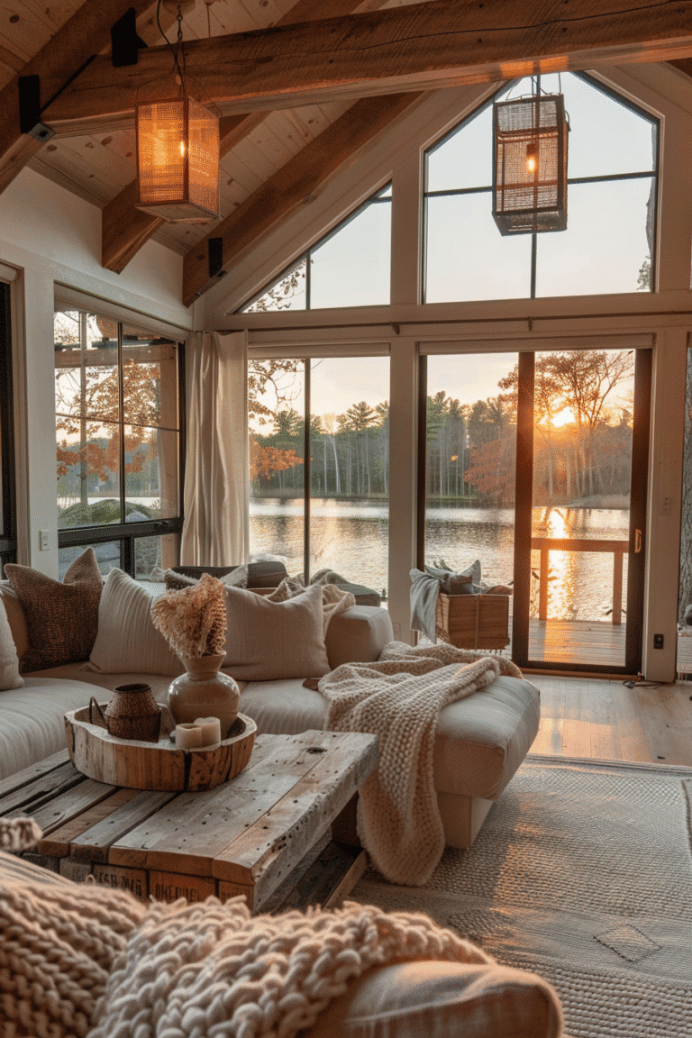 Cozy lake house living room with chunky knit throws, warm lantern lighting, and mixed wood furniture overlooking a lake