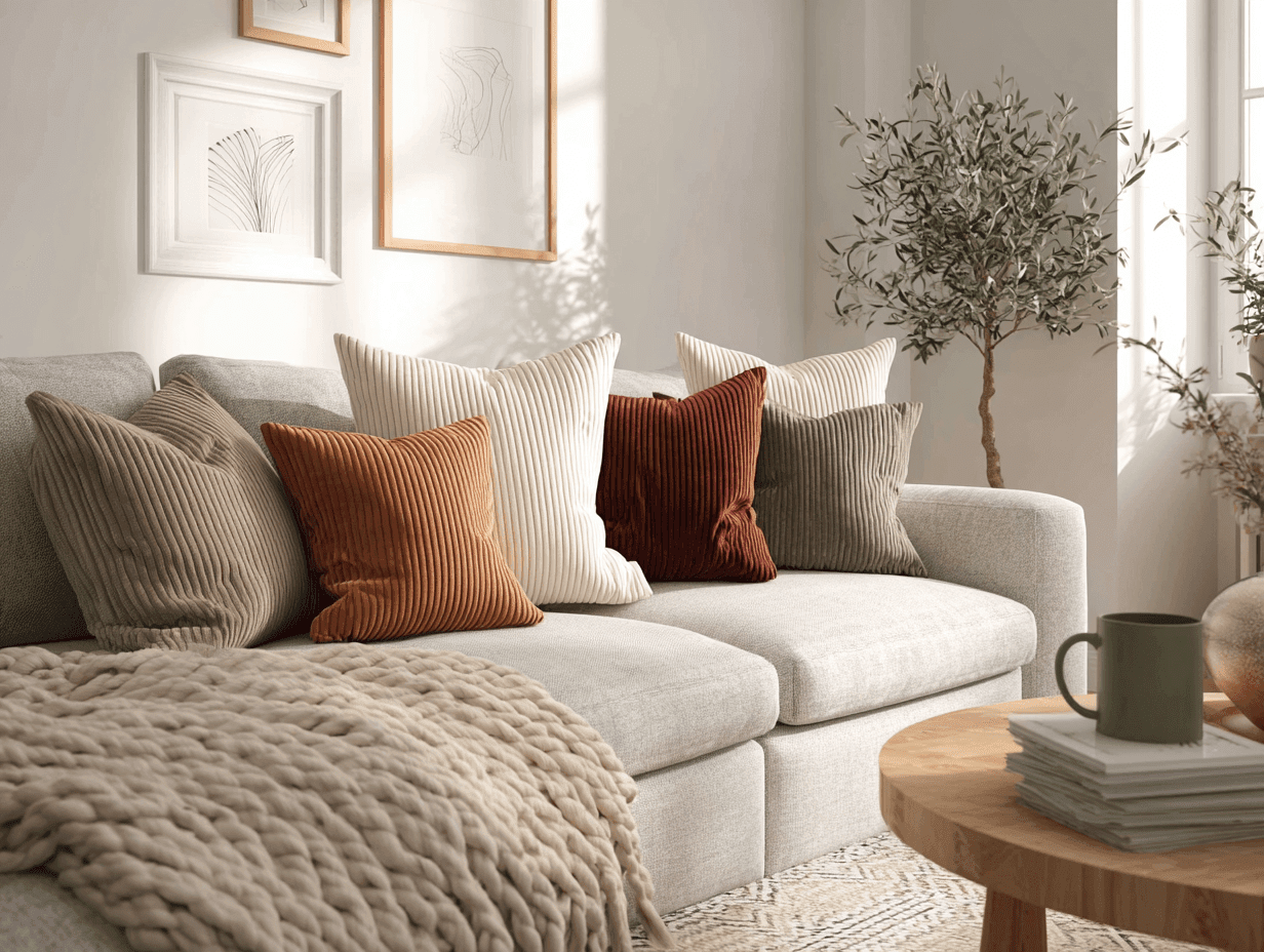 Neutral autumn pillow covers on a modern sofa with soft lighting