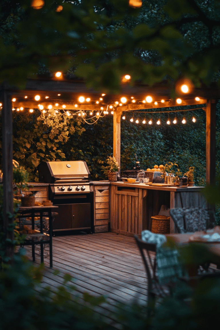 Backyard outdoor kitchen with modern grill and cozy lighting – save this warm and inviting patio kitchen idea for your next summer upgrade!