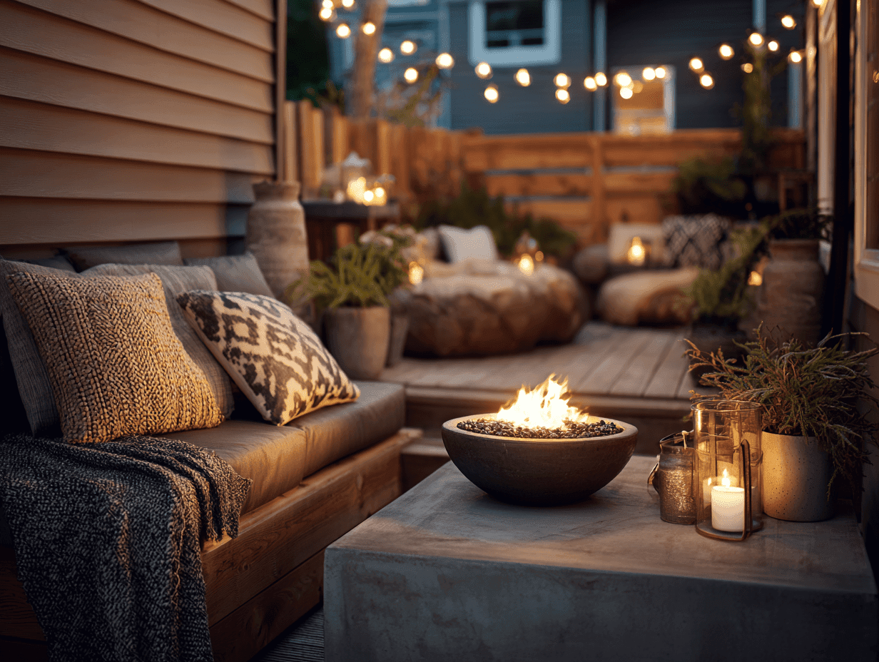 Small firepit area, overhead lights, and a candle burning to set the ambiance in a backyard setting. Couch with pillows and a dried plant on the coffee table. 
