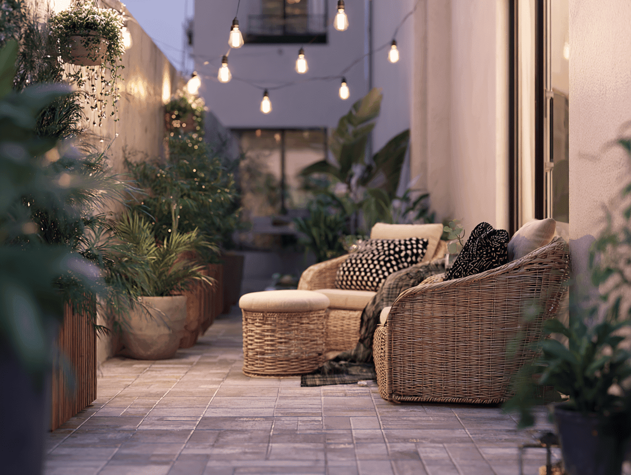 Small backyard patio with rattan bistro set, pavers, and layered plants