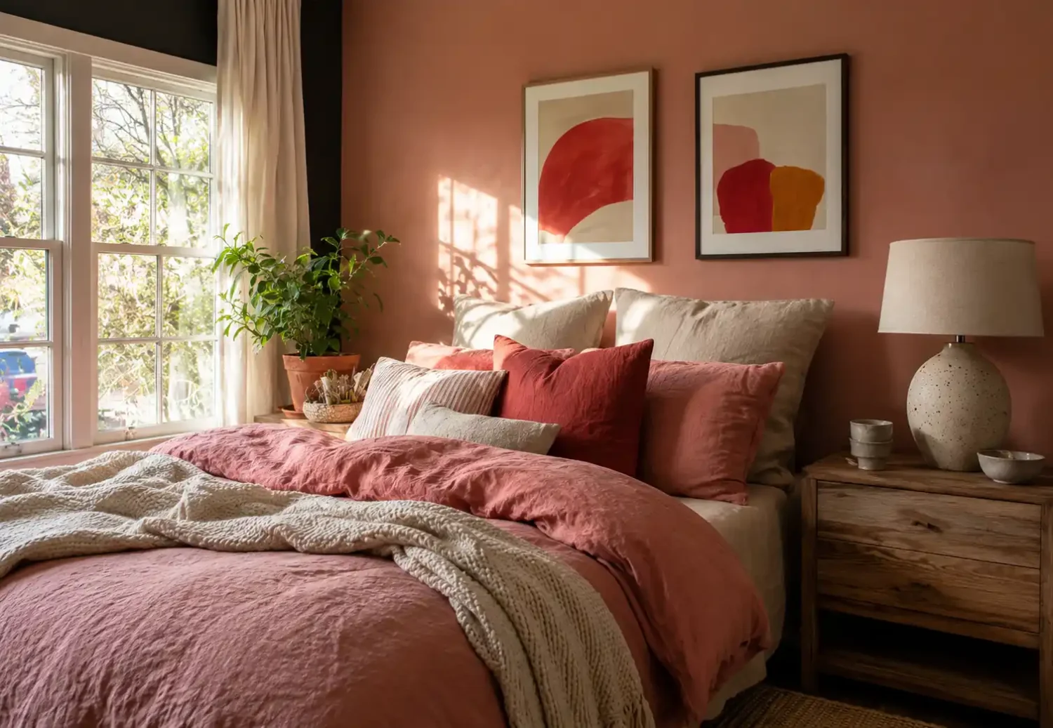 Bedroom with soft blush and muted mauve linen bedding, matte black window trim, and abstract red and yellow wall art above the bed, styled with natural light, cozy textures, and a warm modern vibe.