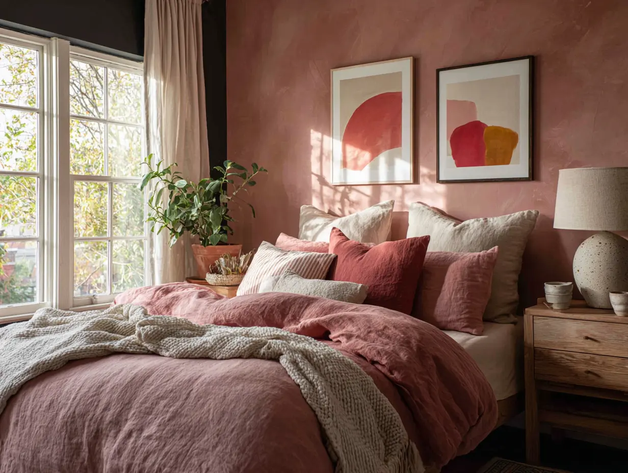 Bedroom with soft blush and muted mauve linen bedding, matte black window trim, and abstract red and yellow wall art above the bed, styled with natural light, cozy textures, and a warm modern vibe.