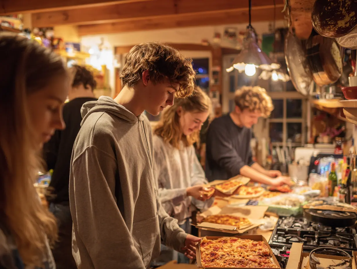 A warm, lively kitchen scene with teens laughing and music playing—joyful, chaotic, and full of life.