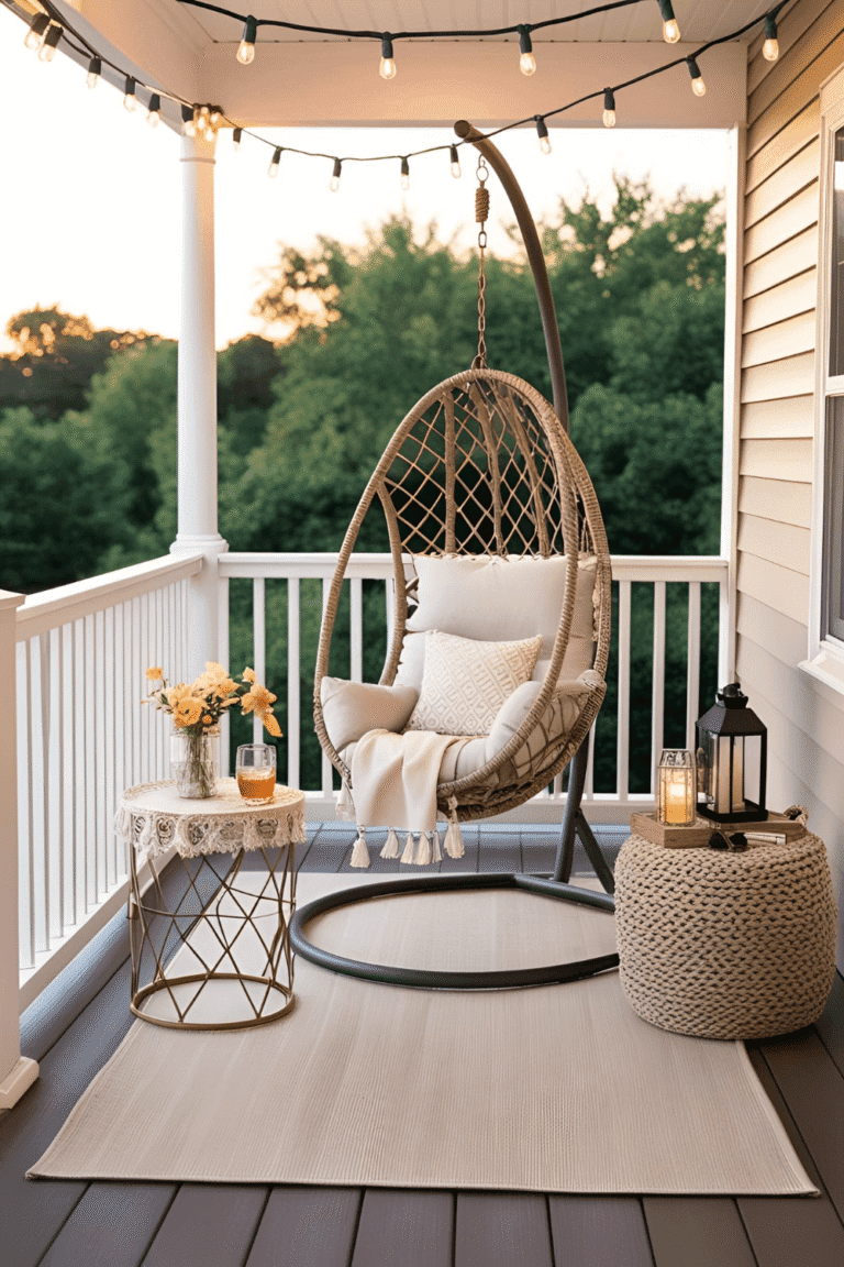Summer porch decor with cozy seating, warm lighting, and soft textures – Pin this front porch idea for later!