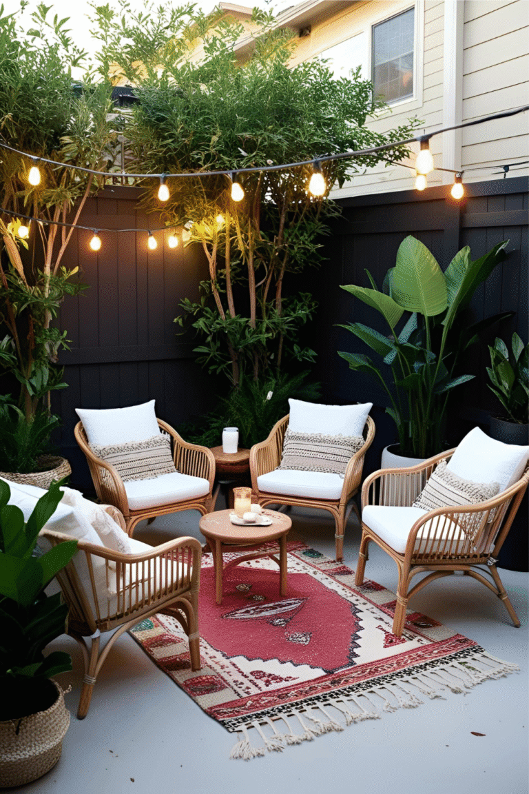 Small backyard design ideas on a budget – cozy glow-up inspiration with seating, lights, and plants. Pin this look for later!