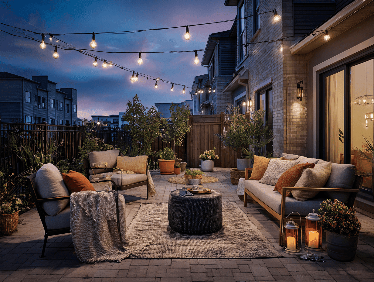 String lights, chairs with throws, couch with pillows, lanterns and potted plants. 