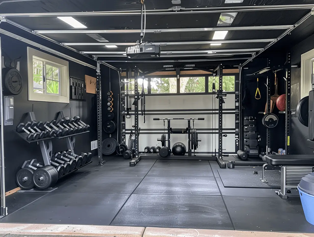 Budget black garage gym ideas showing affordable equipment and DIY solutions that create professional-looking results