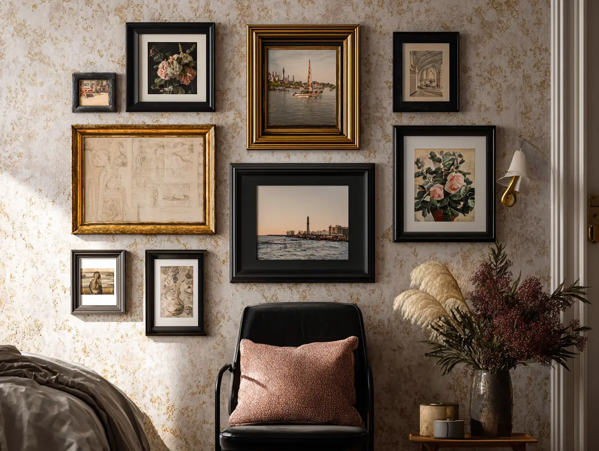 Maximalist bedroom gallery wall with black and gold frames, vintage prints, and personal photos.