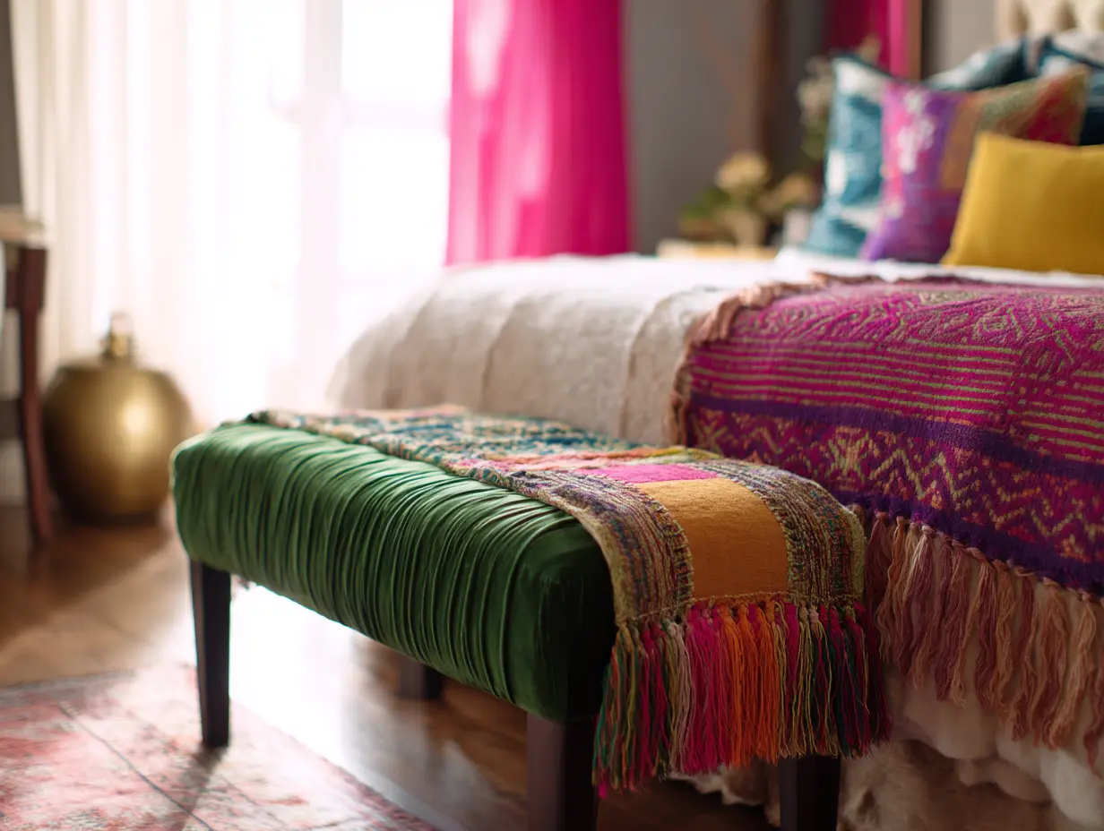 Funky eclectic bedroom with velvet bench, layered bedding, fringe textiles, and bold prints.