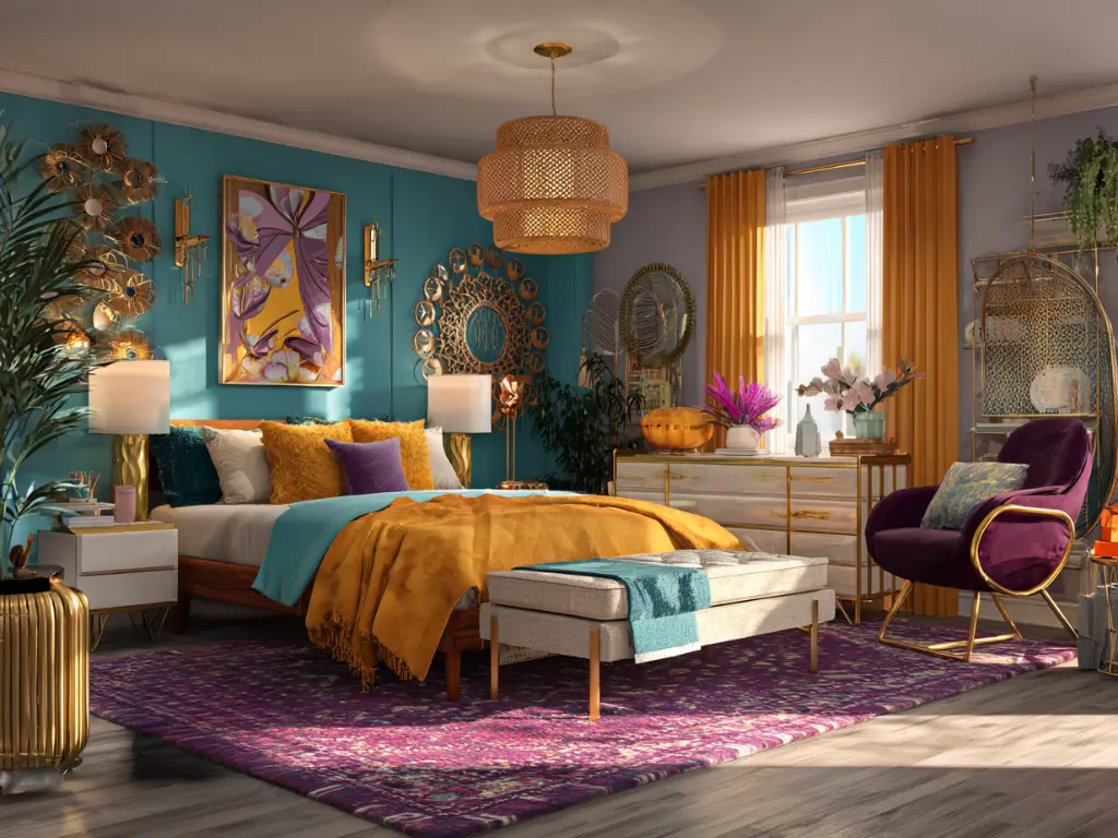 Colorful maximalist bedroom with hanging plants, and eclectic accessories.