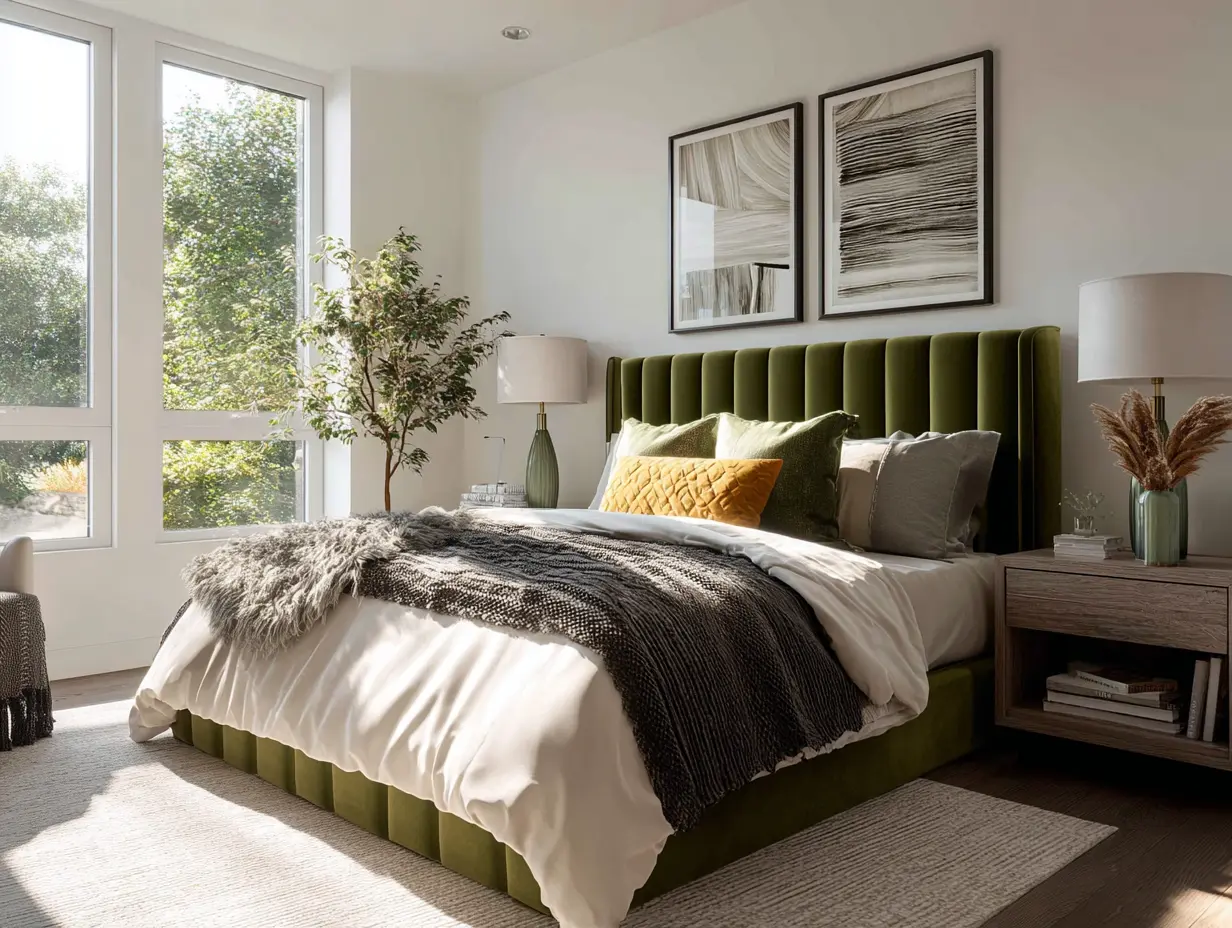 Modern bedroom with an olive velvet headboard showing how a statement headboard adds drama, texture, and presence.