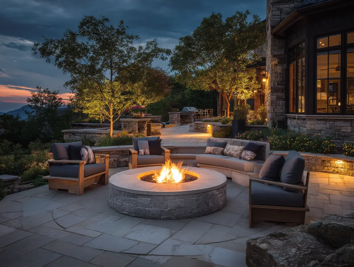Modern outdoor patio with the best fire pit centered on a stone pad, cushioned chairs arranged around it, and a glow that lights up the space at dusk.
