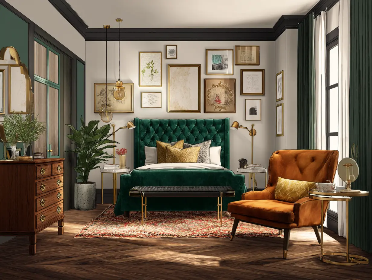 Maximalist bedroom with emerald velvet headboard and mismatched vintage furniture.