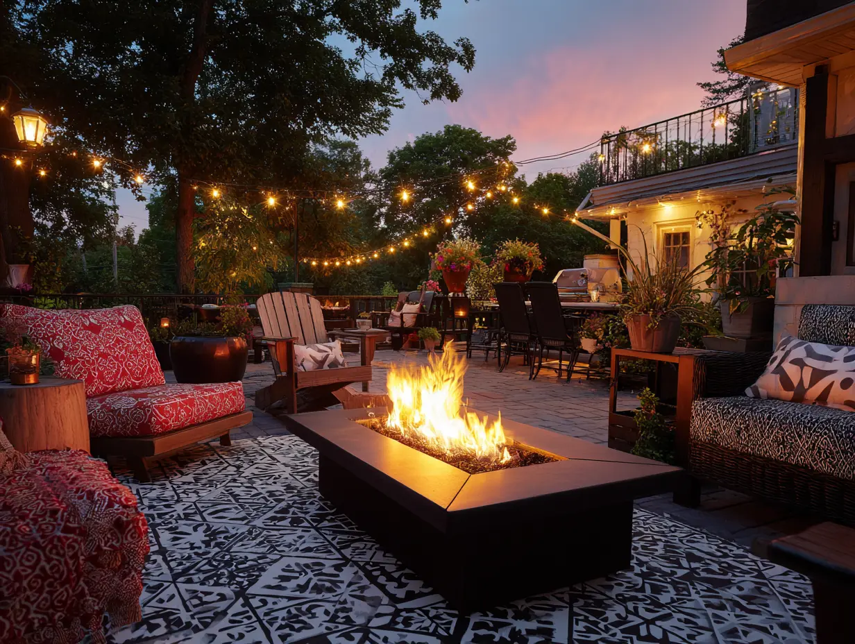 Backyard scene at sunset with glowing fire pit, cozy chairs, bold lighting, and layered textures creating a welcoming Friday night vibe.