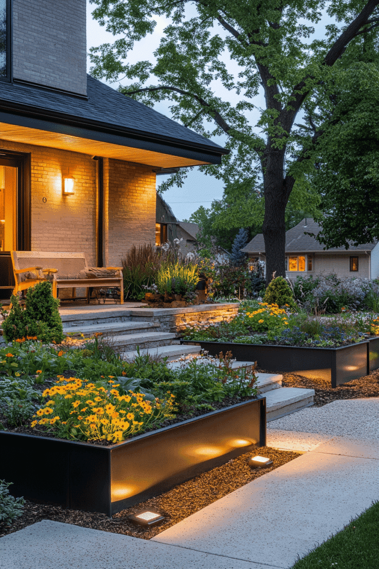 Front yard landscaping ideas with raised planters, stone edging, and cozy lighting – Pin this curb appeal upgrade for later!