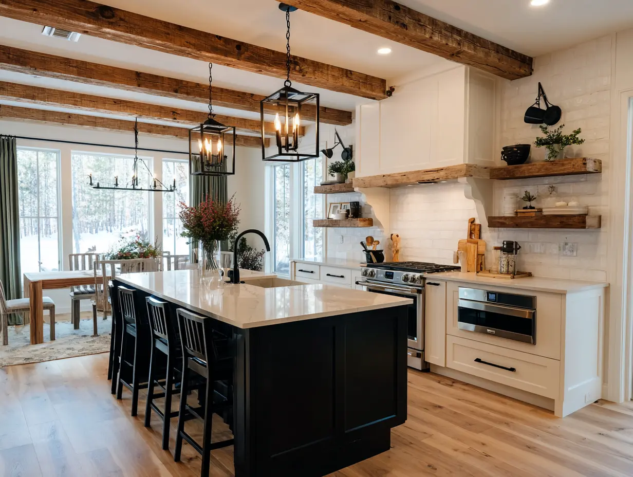 Kitchen with white cabinets, gold fixtures, white open shelving styled with curated accents in bold colors, under bright natural light.