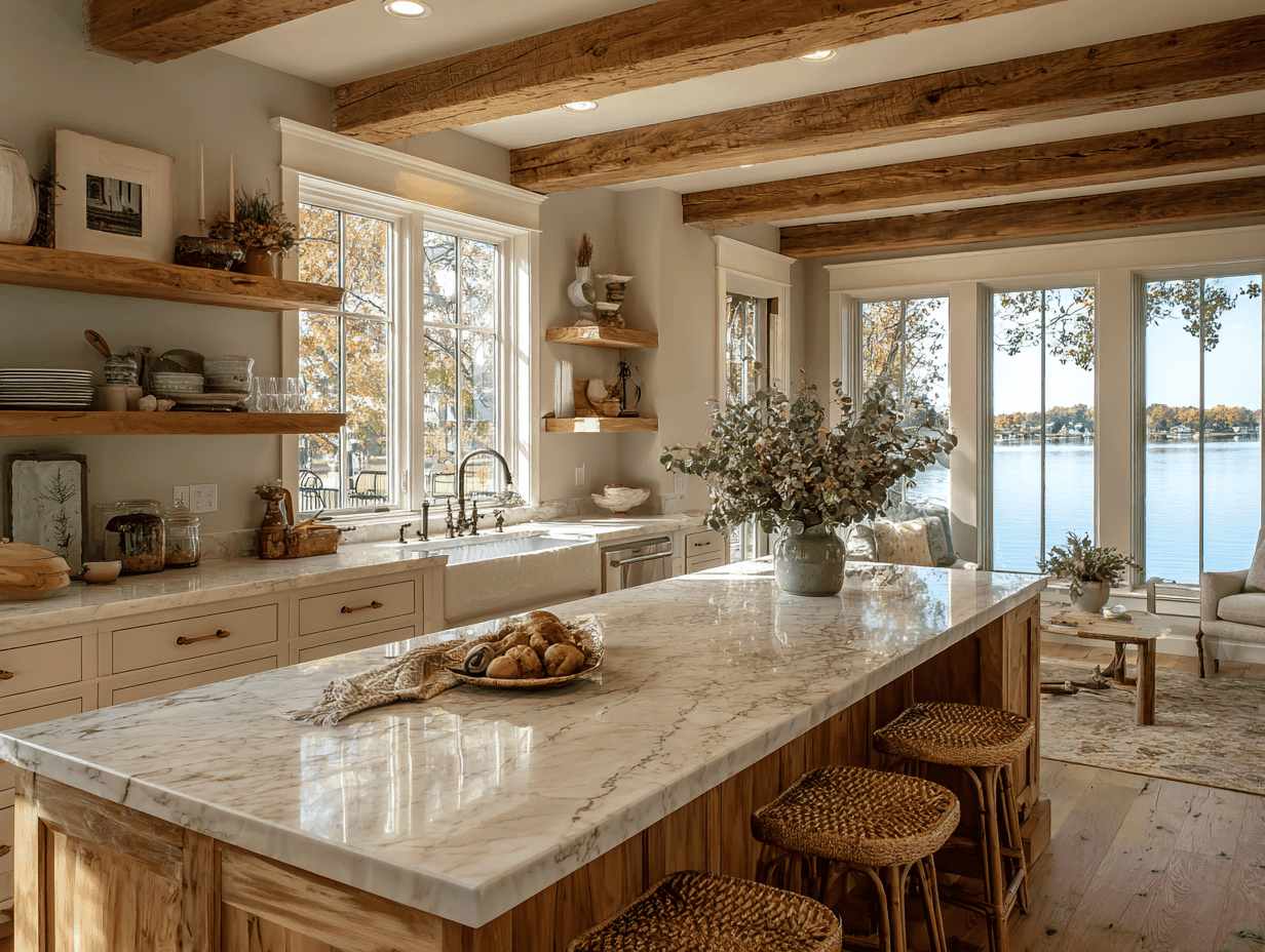 Lake house kitchen with farmhouse sink, open shelving, and seating around large island