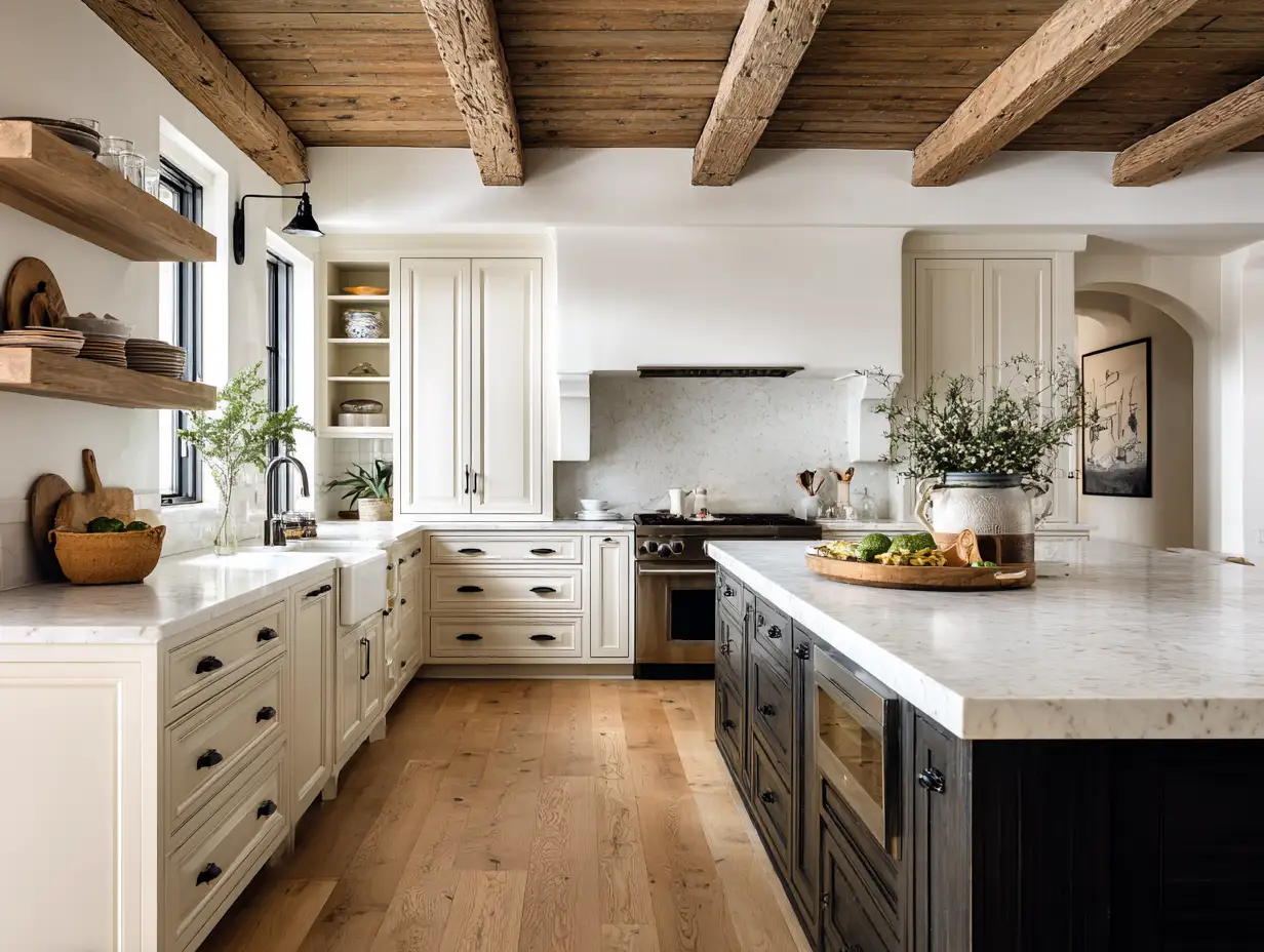 Modern farmhouse kitchen with exposed wood ceiling beams, white shaker cabinets, marble countertops, black hardware, floating wood shelves, apron-front sink, and a large contrasting island with built-in storage on warm hardwood floors.