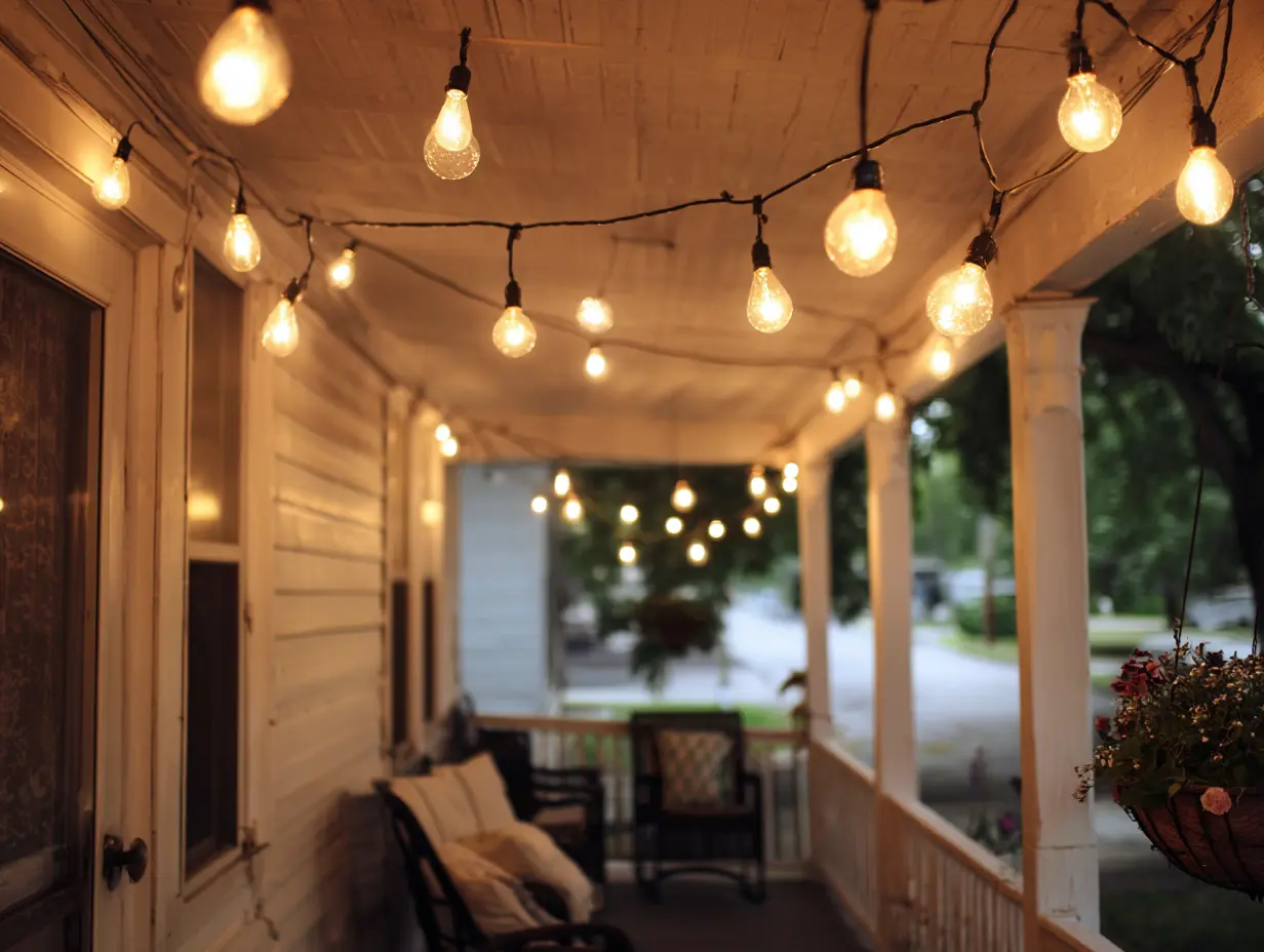 Layered porch lighting with globe string lights overhead illuminating seating area on white porch at twilight