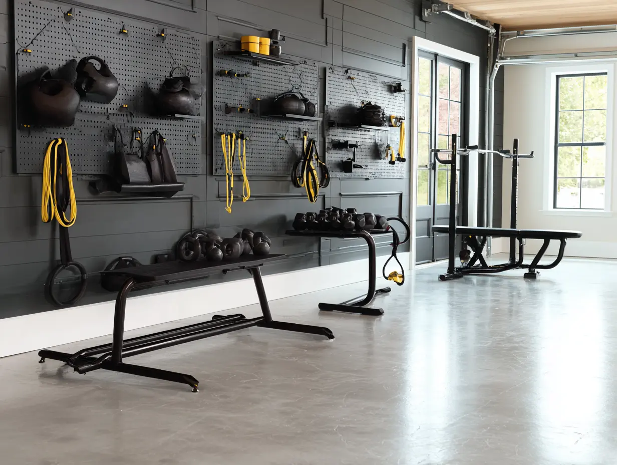 Garage gym storage ideas showing black wall-mounted systems that organize equipment without cluttering the space