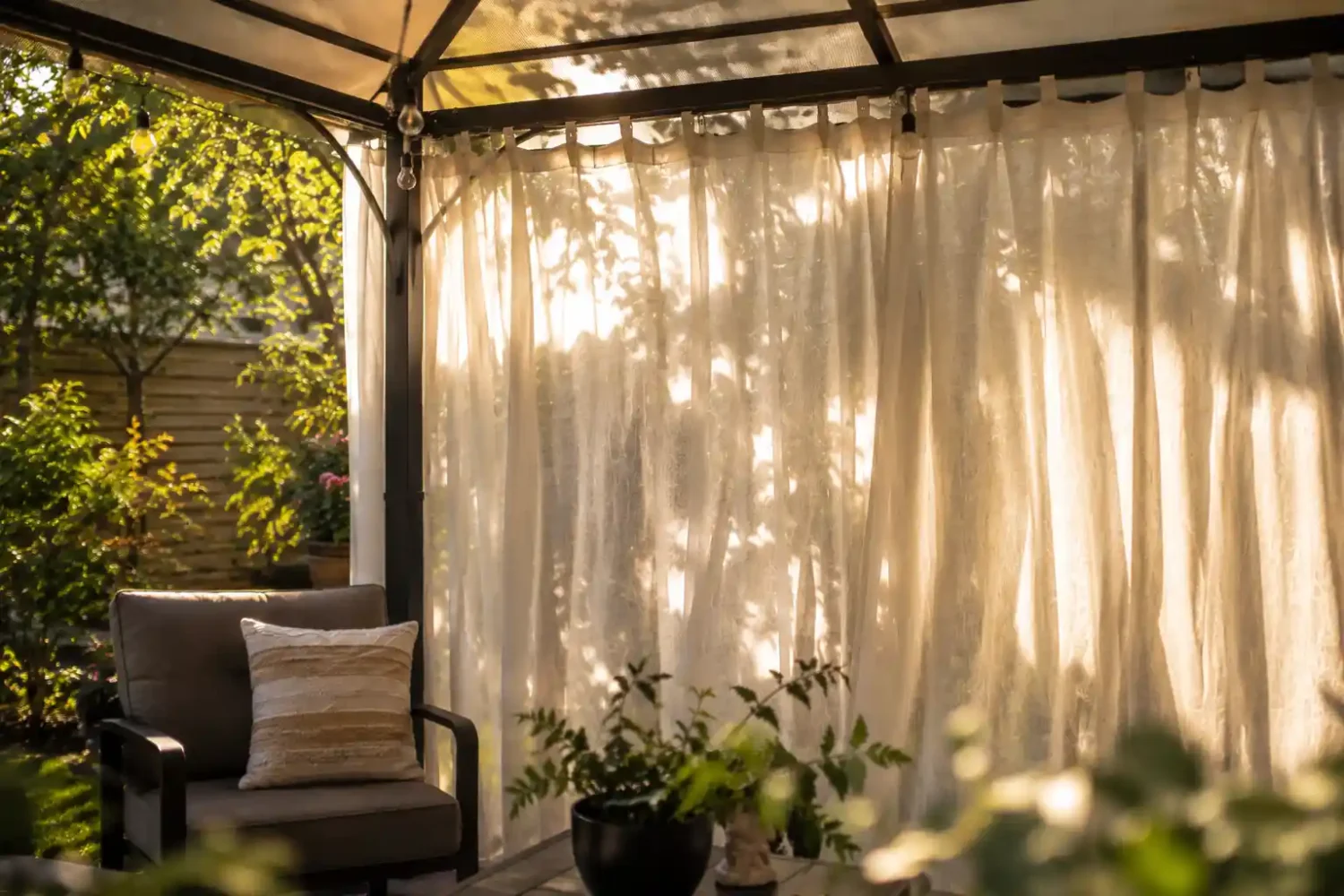 Sheer white gazebo curtains filtering warm afternoon sunlight inside a backyard gazebo with an outdoor chair and potted plants.