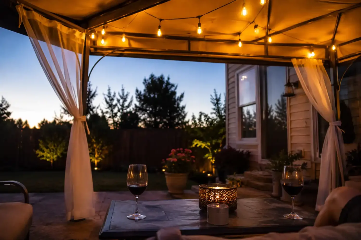 View from inside a backyard gazebo at dusk with warm Edison string lights overhead, sheer curtains, two wine glasses and a candle lantern on the table with uplighting in the background.