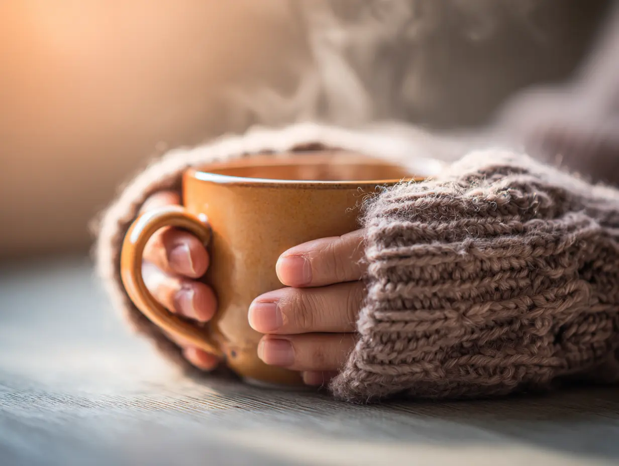 Hands holding a coffee cup with steam coming out of the top.
