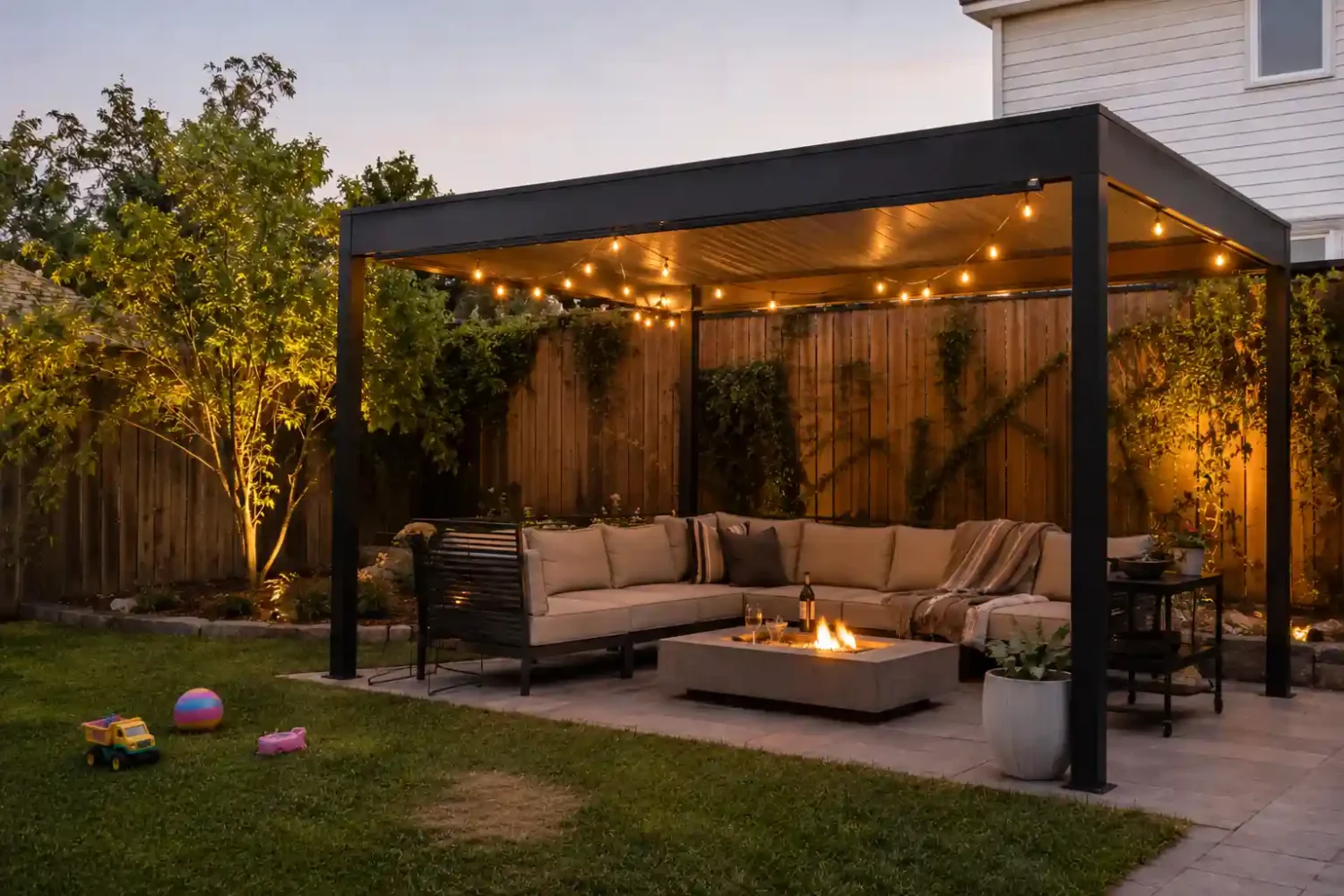 Modern backyard gazebo with black metal frame, string lights, sectional seating, and fire pit at dusk in a family backyard.