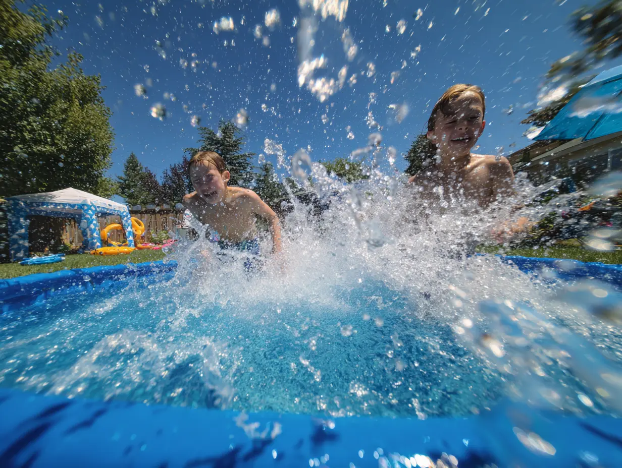 Kids splashing and laughing in a semi above ground pool on a sunny summer day, captured at water level with dramatic splashes, bright blue water, and an energetic backyard pool vibe that feels playful, joyful, and full of motion.