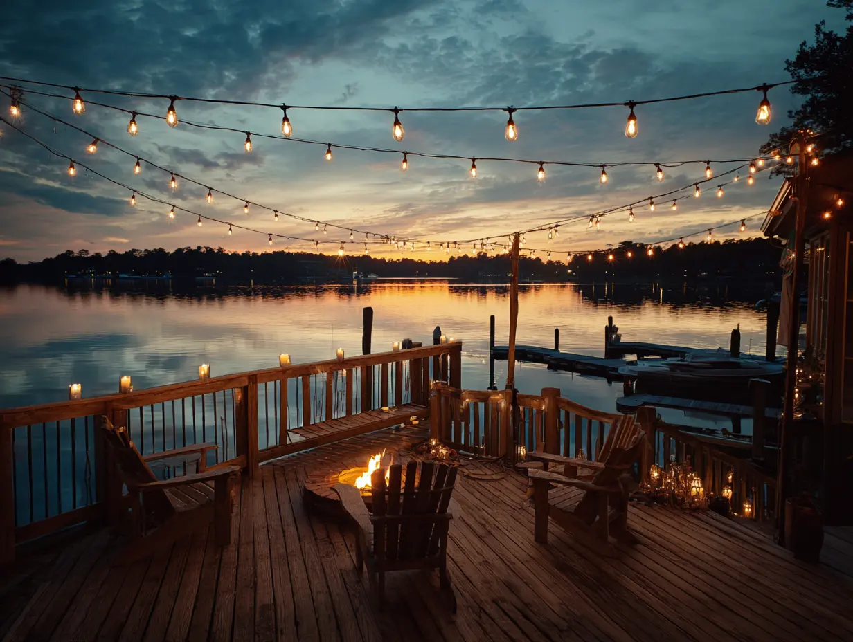 Lake house dock at sunset with string lights draped overhead, Adirondack chairs around a fire pit, and candles creating a warm, inviting atmosphere on the water