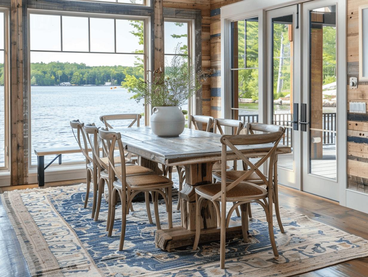 Machine washable indoor outdoor rug in lake house dining room