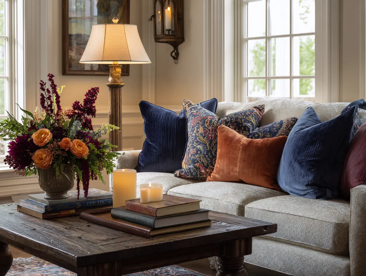 Lived-in living room with home staging tips: neutral sofa with layered throw pillows, warm table lamp, stacked books and candles on rustic coffee table, and fresh flowers creating cozy ambiance