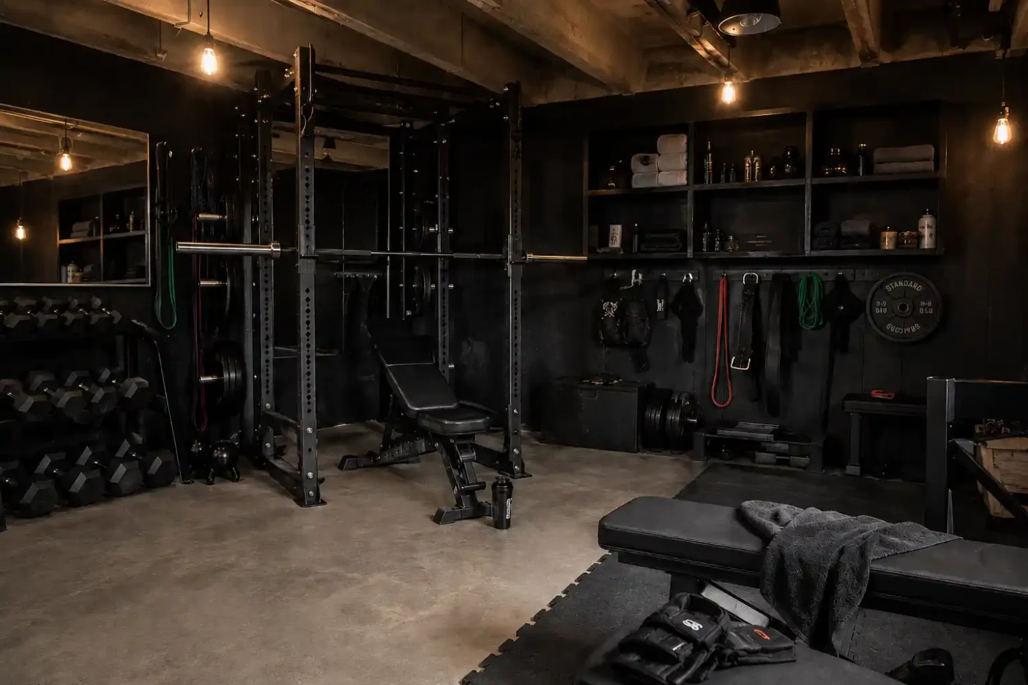 Matte black industrial garage gym with concrete floor, exposed ceiling beams, Edison bulb pendant lights, black power rack, dumbbells, and wall shelving.