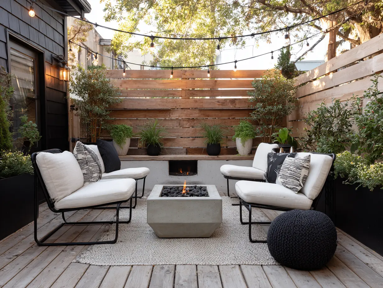 Small backyard patio with a smokeless fire pit, two cushioned chairs, string lights overhead, and potted plants framing the cozy setup.