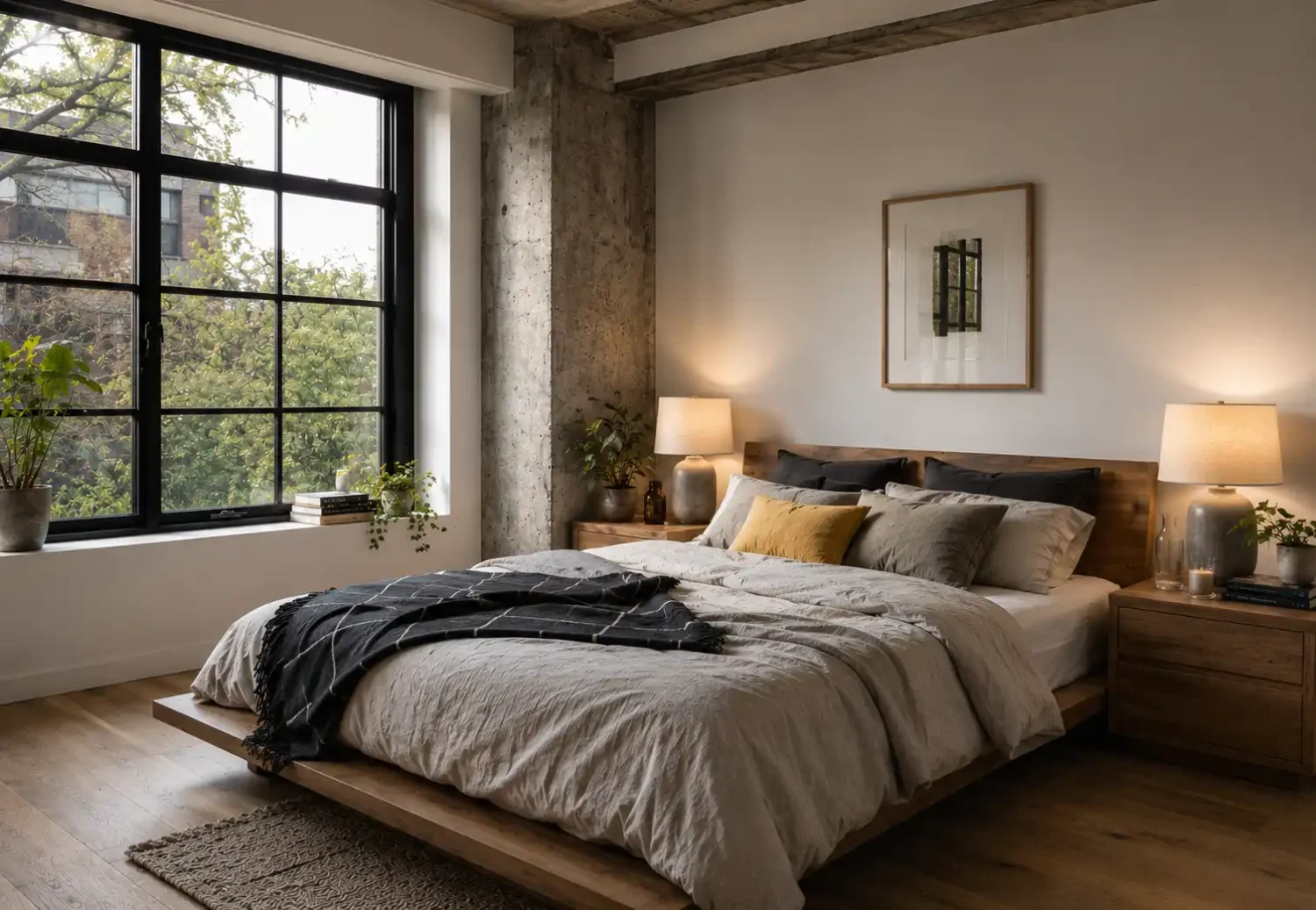 
Modern contemporary bedroom with wood platform bed, linen bedding, mustard pillow, black framed windows, and warm lamp lighting.
