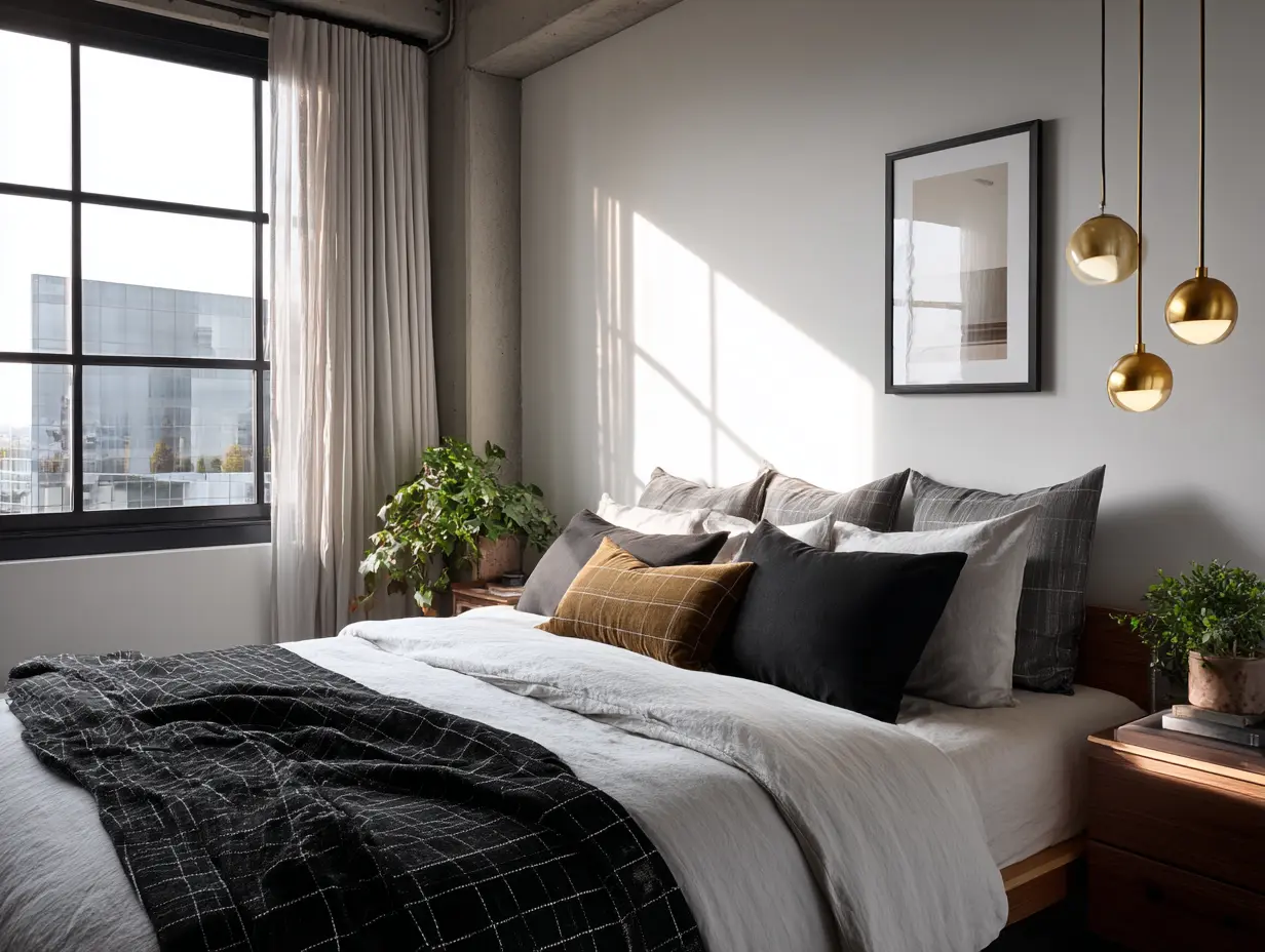 Bedroom with sculptural brass pendant lights hanging over modern nightstands, black and white bedding with a gold accent pillow, and clean styling that highlights how pendant lights ideas can elevate both function and design.