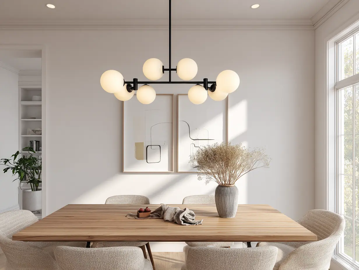 Linear gold chandelier with frosted globe lights above a modern dining table