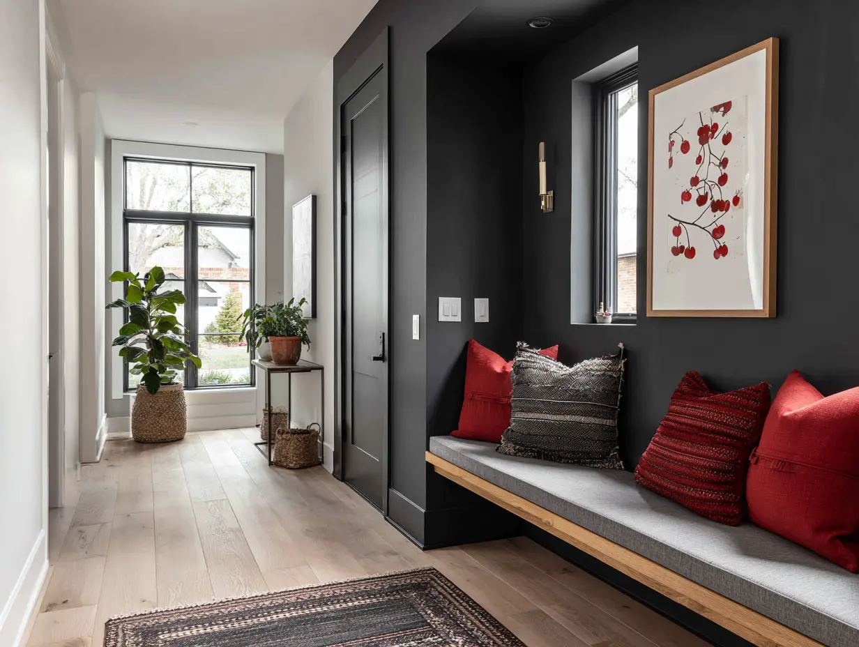 Modern entryway with dramatic black accent wall and large cherry art print as the focal point—built-in bench with gray cushion, red and black textured throw pillows, light wood flooring, and woven planters near full-length window; high contrast design with clean lines and curated warmth.